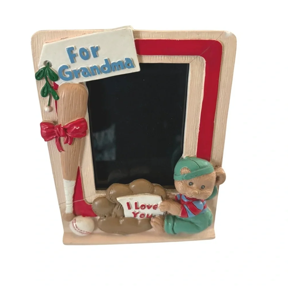 Vintage Baseball Teddy Bear For Grandma Resin Picture Frame I Love You Sports
